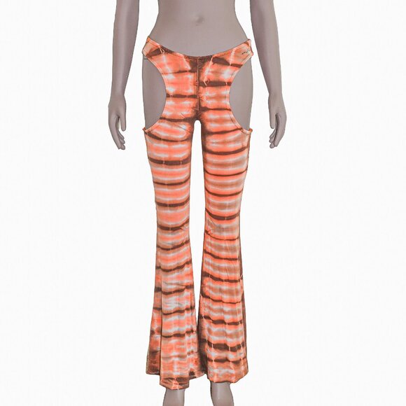Oh Mighty Boho‎ Chic Orange Tie Dye Cut Out High Waisted Bell Bottom Pants Small - Picture 1 of 3
